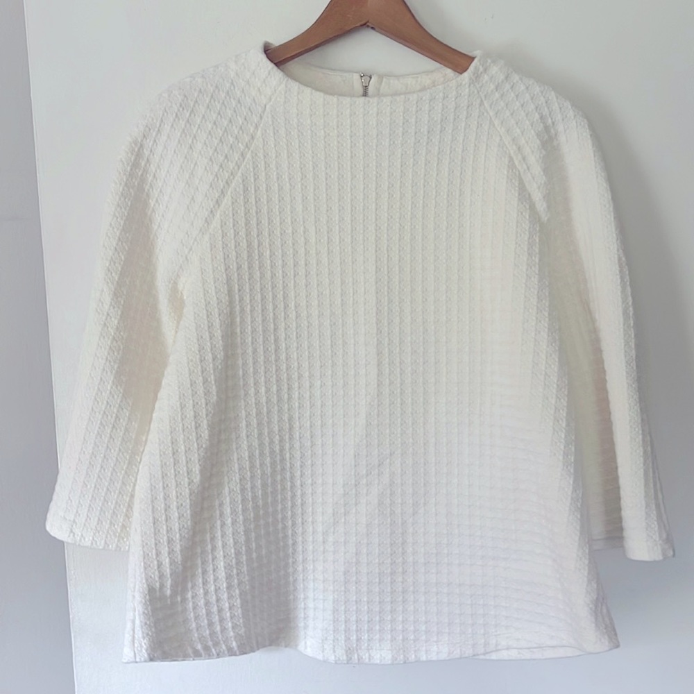 W5 Anthropologie White Waffle Knit Mock Neck Top with 3/4 Length Bell Sleeve - Picture 1 of 8